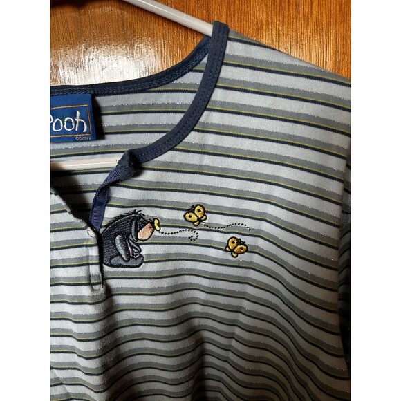 Disney Pooh Striped Henley Long Sleeve Top Womens Large Y2K Casual Embroidered - Picture 2 of 4